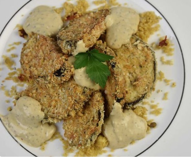 A Middle Eastern spice mix Za’atar is traditionally eaten with flat breads. This recipe however works wonderfully, the baked aubergine has crunch while the Za’atar dip brings the whole dish alive.